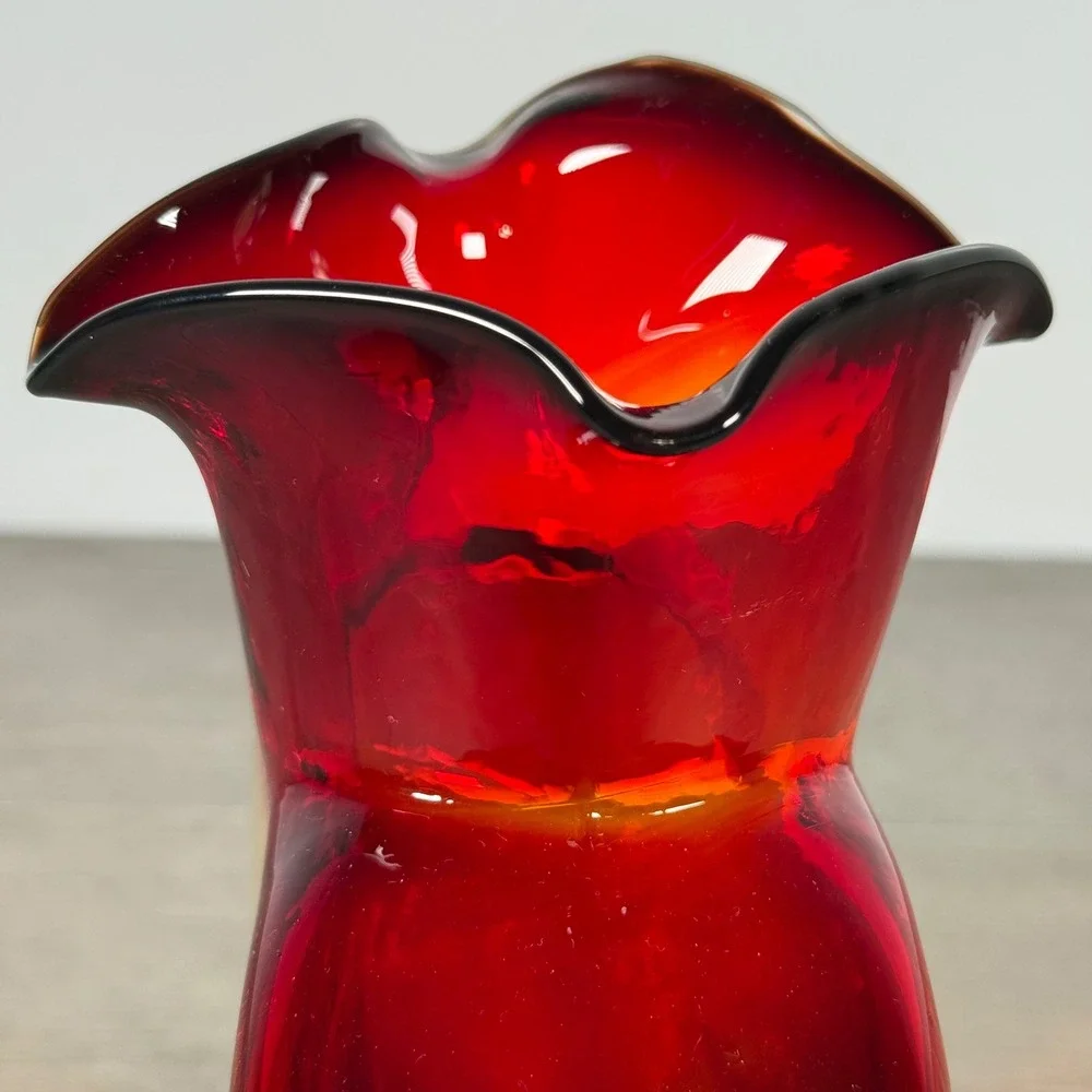 Blenko 2008 Amberina Water Bottle Vase Red Yellow Double Spout 8